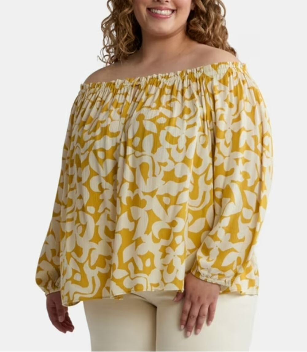 Terra & Sky Boho Off The Shoulder Blouse Abstract Floral Mustard Yellow 1X NEW